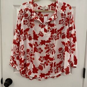 NWTs LOFT tie neck red and white floral blouse. Size Medium 3/4 sleeve